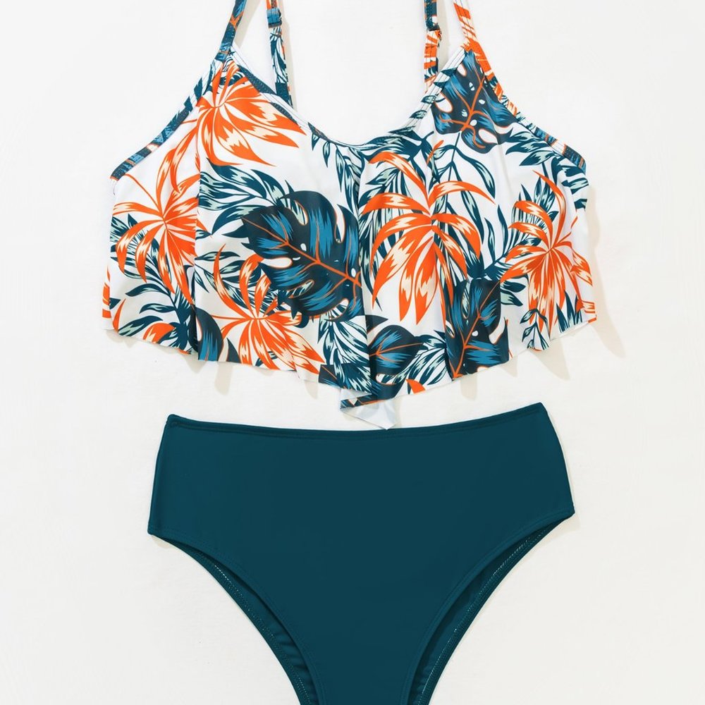 New Tropical Hanky Hem High Waisted Bikini Swimsuit Green - Picture 5 of 8